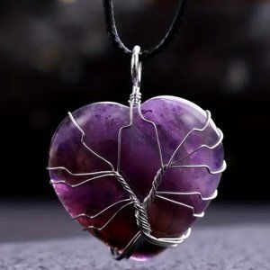 Amethyst Heart Shaped Natural Gemstone Tree Of Life Wire Wrap Pendant Ne…
